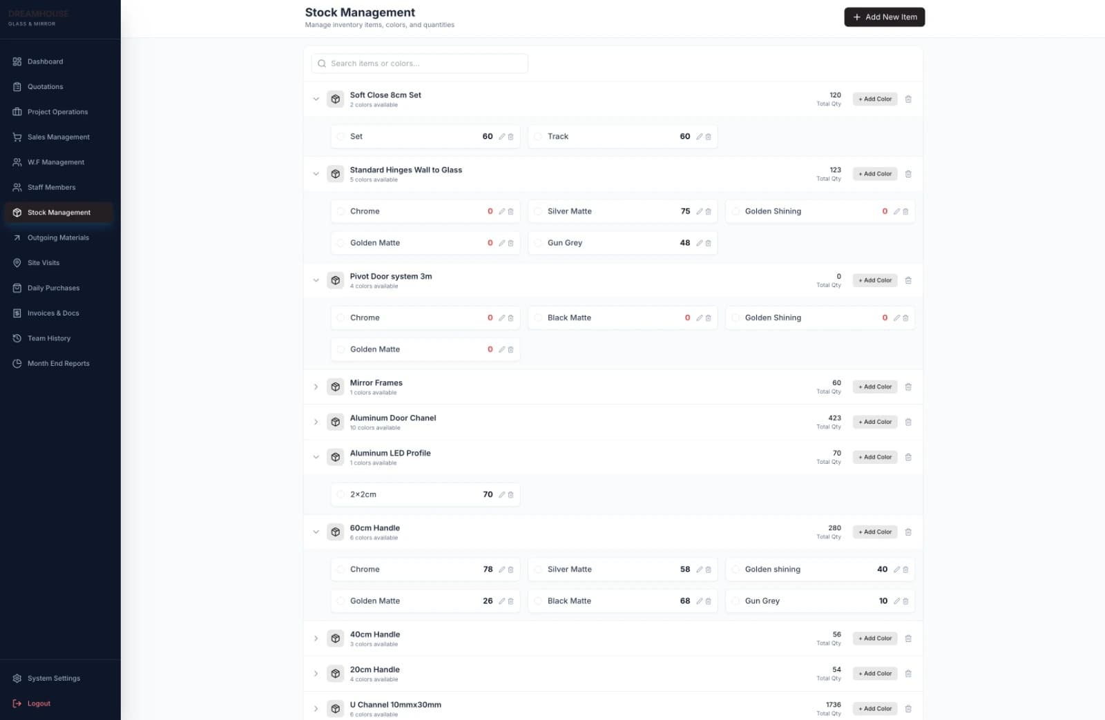 Dream House Glass and Mirror business system — Stock Management